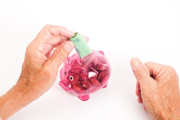 A close-up photo of a hand placing money into a piggy bank, with a retirement home visible in the blurred background. The image represents the idea of saving early for retirement and the importance of planning ahead.