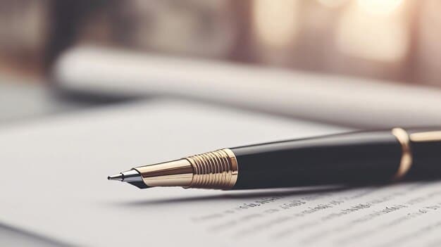 A close-up shot of a pen signing a legal document, with the words 