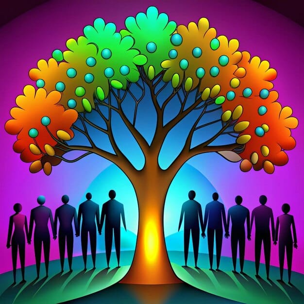 An image depicting a family tree, symbolizing the beneficiaries of a trust. The image is colorful and vibrant, showing multiple generations connected and supported by the trust agreement.