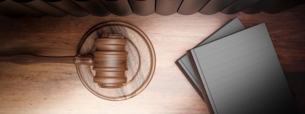 A gavel resting on a stack of legal documents, symbolizing court decisions and their impact on student loan forgiveness programs. The background is a dimly lit courtroom, adding to the seriousness of the image.