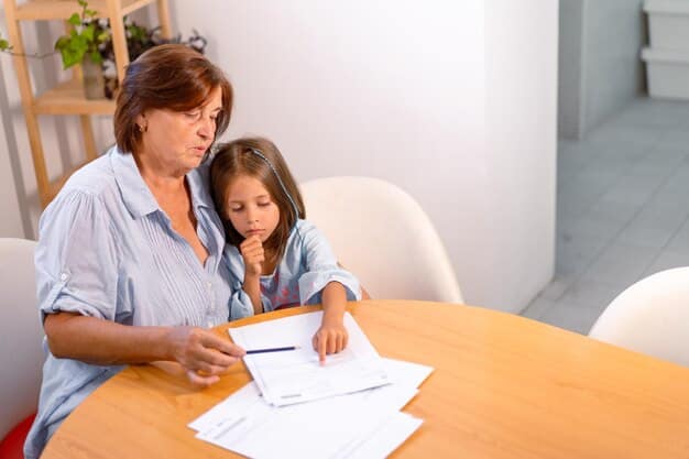 A parent is sitting at a table with their child, filling out an application form for childcare assistance. They are focused and appear hopeful, with documents and a laptop nearby. The setting suggests a home environment, emphasizing the importance of childcare support for families.