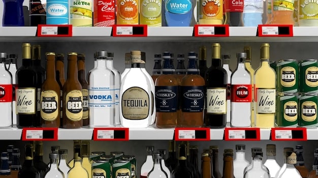 Shelves in a supermarket filled with various imported products, subtly highlighting the price tags to show potential cost increases.