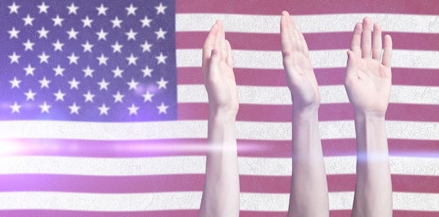 A digital illustration depicting two hands, one with a US flag cuff and the other with an EU flag cuff, extending to shake in front of a backdrop of binary code. Some of the code turns red near the area where the hands meet, suggesting potential conflict or risk.