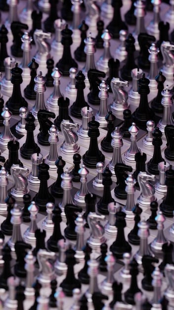 A high-angle shot of a chessboard with pieces representing different nations, some in a defensive posture, others in an offensive one. Digital circuit patterns are faintly visible on the board.