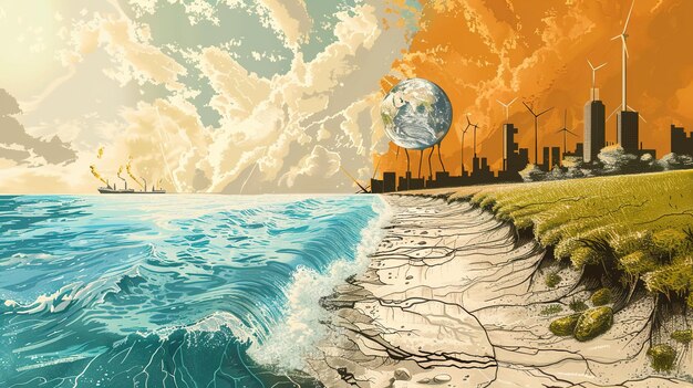 A digital illustration depicting climate change effects worldwide, such as rising sea levels, extreme weather events, and deforestation. The visual emphasizes the global scale and urgency of addressing climate change.