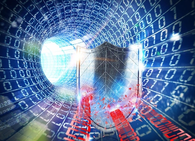 A graphic representation of a digital shield protecting a network of computers, symbolizing robust cybersecurity measures against online terrorist activities.