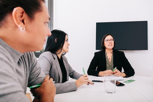 A young woman confidently presenting a tech project to a panel of judges in a modern training facility. The environment is bright and progressive, showcasing the integration of technology and hands-on learning in federal job training.