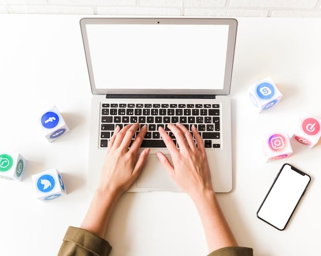 A close-up of hands typing on a laptop keyboard, with various social media icons (Facebook, Instagram, Twitter, LinkedIn) subtly overlaid in the background. The focus is on the hands and the keyboard, symbolizing the work involved in social media management.