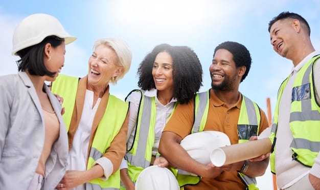 An image depicting a diverse group of workers in various occupations (construction worker, office employee, teacher), all happily receiving their paychecks. The setting is bright and optimistic.