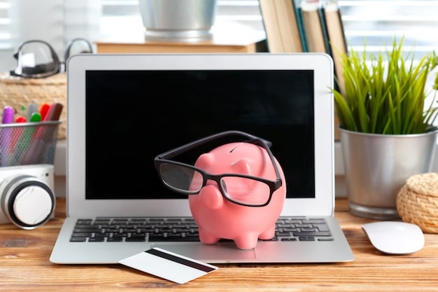 A laptop displaying a budget spreadsheet alongside a piggy bank and a calculator, symbolizing financial planning for a career change. The scene is well-organized and professional.