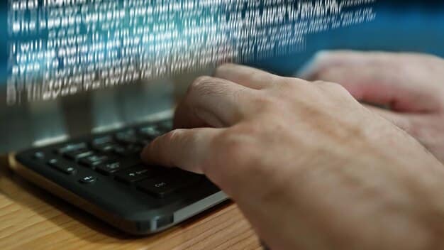 A close-up shot of hands typing on a laptop keyboard with lines of code visible on the screen, symbolizing the growing importance of digital skills in the future workforce. The lighting is soft and focused, highlighting the keyboard and code.
