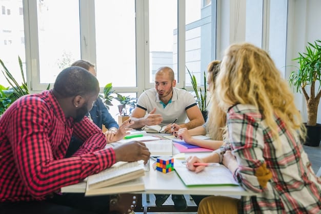 A diverse group of professionals collaborating around a table, actively engaged in a brainstorming session, with sticky notes and diagrams on a whiteboard in the background.