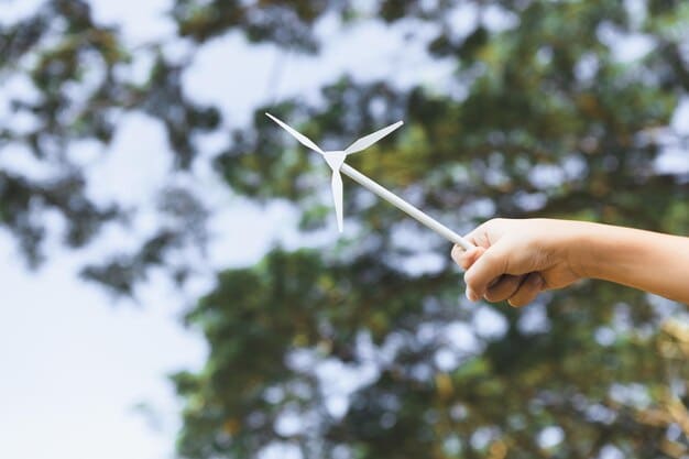 A close-up shot of a hand holding a miniature wind turbine against a backdrop of rolling green hills, symbolizing investment in renewable energy.