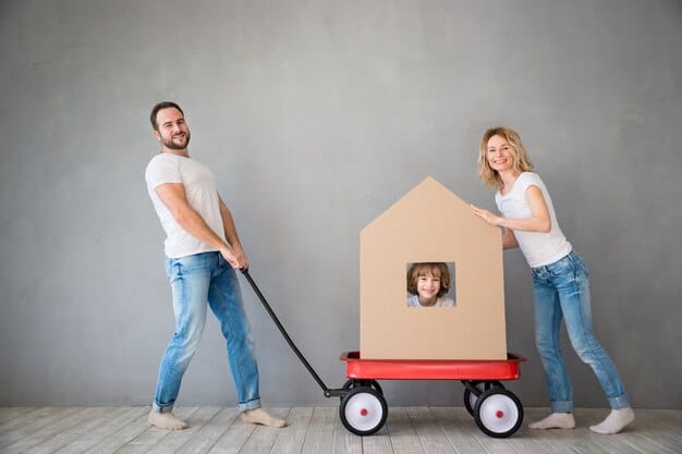 A split image showing a family happily moving into a new home on one side and consumers shopping at a retail store on the other, illustrating the impact on both housing and consumer spending.
