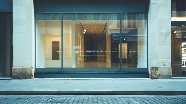 A photograph of an empty shopping mall storefront, with 