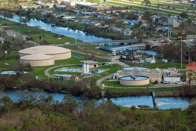 A newly constructed water treatment plant with modern filtration systems, showcasing the upgraded infrastructure for ensuring clean and safe water resources for communities in the United States.