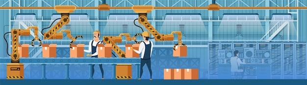 Inside a large manufacturing plant, showing the production line with various machinery and workers, illustrating the energy-intensive nature of the manufacturing process and its reliance on raw materials.