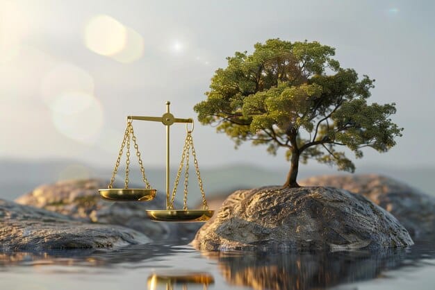 A balanced scale representing assets and liabilities, with a magnifying glass focused on the 