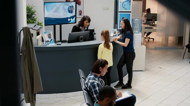 A modern bank lobby with customers interacting with bank tellers and staff. The environment exhibits professionalism and trust, with subtle details of the bank's branding.