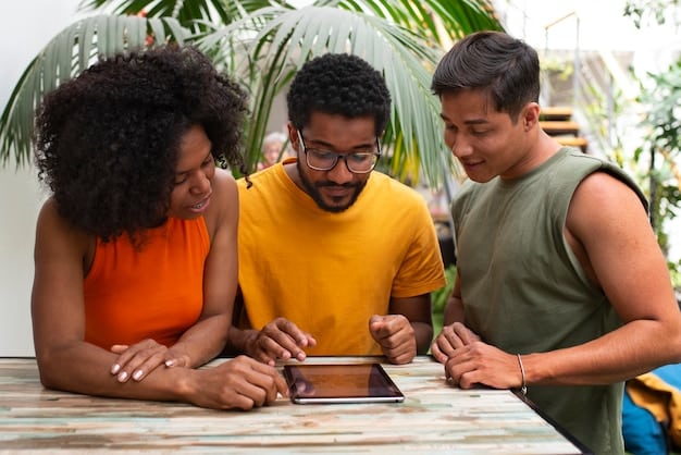 A diverse group of people looking at their smartphones and tablets, with charts and graphs visible on the screens, representing individuals tracking the economic impact of the stimulus package.