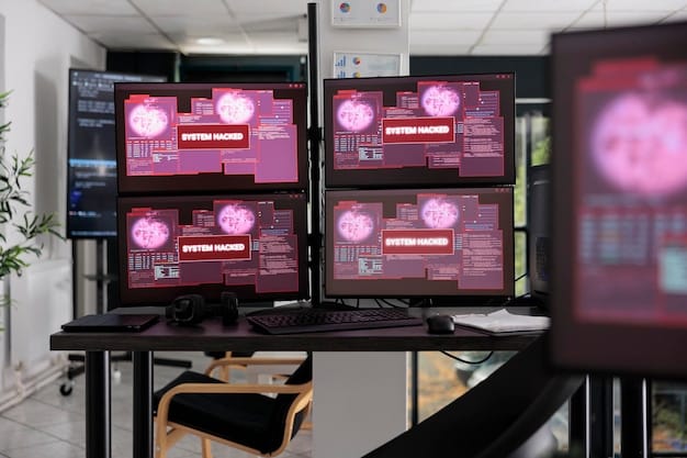 A network operations center with multiple screens displaying real-time cybersecurity threat data. Analysts are shown monitoring the screens, identifying and responding to potential breaches. The setting is modern and high-tech.
