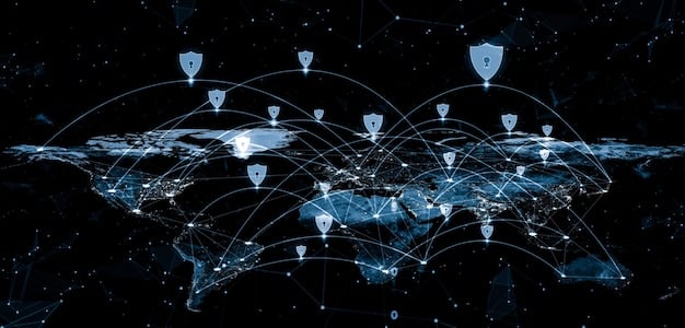 A digital representation of interconnected global networks, highlighting the importance of international collaboration for cybersecurity. The image shows various countries linked by digital streams, emphasizing the sharing of threat intelligence.