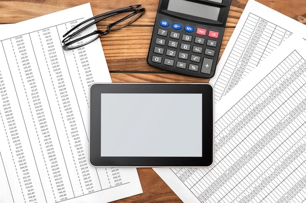 A close-up shot of a calculator displaying a complex equation, with financial spreadsheets blurred in the background. The lighting is dim and focused, creating a sense of financial calculation and complexity.
