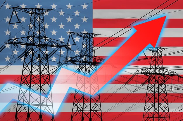 A schematic diagram of the U.S. power grid, highlighting key infrastructure components such as power plants, transmission lines, and substations. Overlayed on the diagram are icons representing various renewable energy sources, such as solar panels and wind turbines, illustrating their integration into the grid.