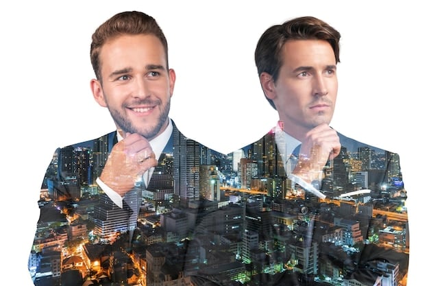 A split image showing a smiling economist on one side and a concerned policy analyst on the other, representing differing opinions on the inflation strategy.