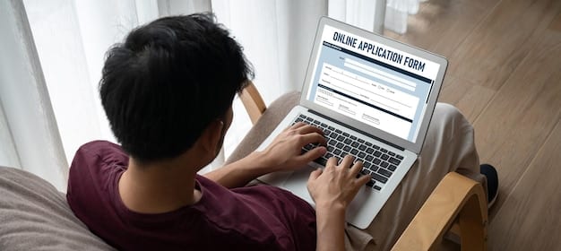 An image showing a person using a laptop to navigate a government website with a form related to Student Loan Forgiveness. The focus is on the laptop screen with the application form.