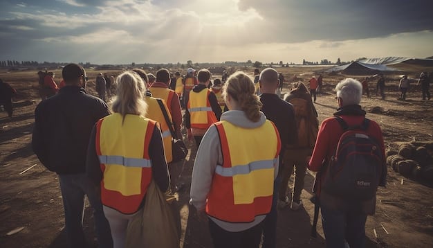 A photo of FEMA officials meeting with local community leaders in a disaster-affected area. They are reviewing maps and discussing the distribution of resources. The atmosphere is serious but collaborative.