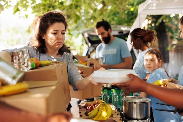 A photo of volunteers helping to distribute food and supplies to disaster survivors at a relief center. People are lined up to receive assistance, and the atmosphere is one of gratitude and resilience.