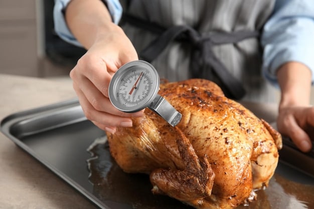 A restaurant chef using a thermometer to check the internal temperature of a chicken in the oven, ensuring it reaches a safe cooking temperature.