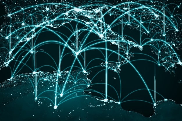 A digital illustration depicting a complex, interconnected network of lines representing supply chains, with a red line highlighting a disruption caused by sanctions. The globe is subtly visible in the background.