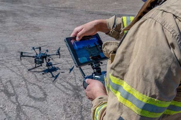 A close-up shot of a border patrol agent using advanced surveillance equipment, such as drones or sensors. The agent is wearing full uniform, focused on a screen displaying real-time border activity. In the background, a clear blue sky.