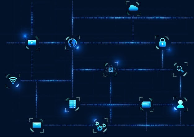 High-tech visualization of data flow through a network, with animated icons representing different types of cybersecurity defenses in action.