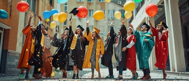 A graduation ceremony with students of diverse backgrounds celebrating, symbolizing the achievements and future opportunities in higher education post the affirmative action ruling.