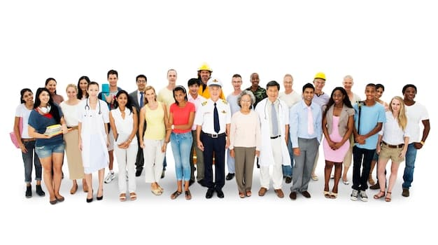 A diverse group of people representing different ages, ethnicities, and professions stands in front of a stylized American flag made of healthcare symbols, highlighting the wide-ranging impact of healthcare policies on the population.