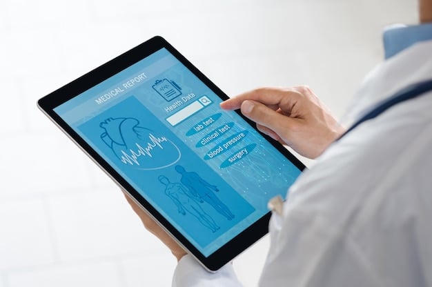 A doctor is shown consulting with a patient on a tablet, with data visualizations related to healthcare costs and coverage displayed in the background, illustrating the intersection of technology and policy in healthcare reform.