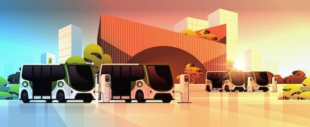A bustling city intersection with electric buses and charging stations, illustrating the shift towards sustainable transportation in urban areas.