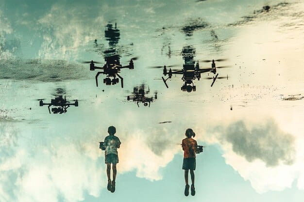 A futuristic depiction of military personnel operating advanced drones and robots in a simulated combat environment, highlighting the integration of modern technology in defense strategies.