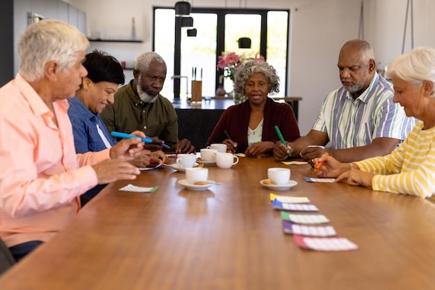 A diverse group of people in their 50s and 60s attending a retirement planning seminar, with a presentation screen displaying information about Social Security and investment options. Bright and optimistic.