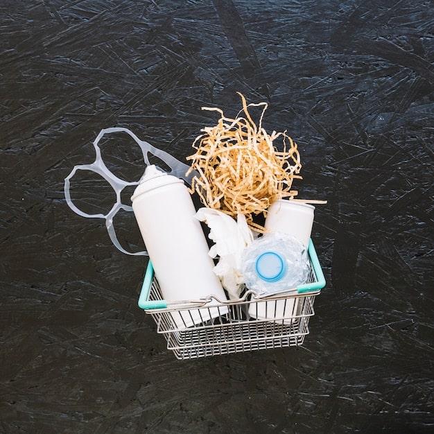 Shopping cart filled with various eco-friendly products, such as reusable water bottles, organic food, and plant-based cleaning supplies. The image represents consumer choices and the availability of sustainable products in the market.