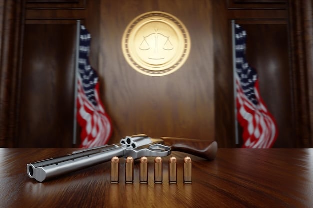 A gavel striking a sound block in a congressional hearing room. The American flag is visible in the background, symbolizing the legislative process and potential law-making on gun control.