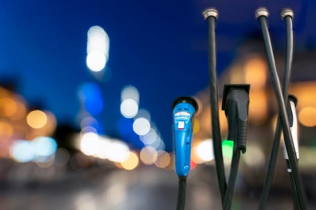 A close-up shot of an electric vehicle charging station with a city skyline in the background, highlighting the transition to electric transportation.