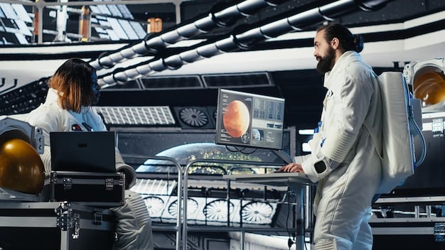 A detailed shot of a scientist working in a laboratory, researching carbon capture technology, with various instruments and monitors in the background.