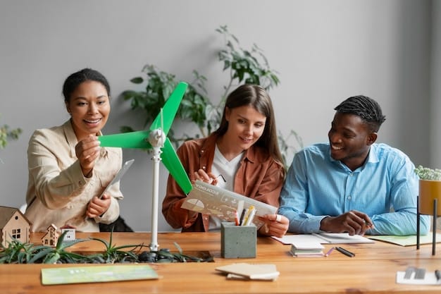 A diverse group of energy workers collaborating on a renewable energy project, showing the potential for job creation and community involvement thanks to the tax credit.