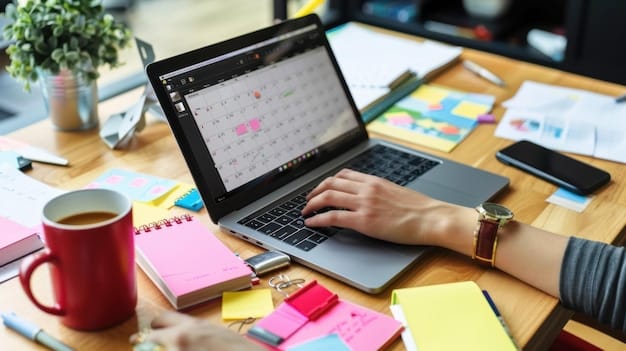 A person working on a laptop, surrounded by sticky notes and calendars, representing the organizational skills needed for virtual assistance.