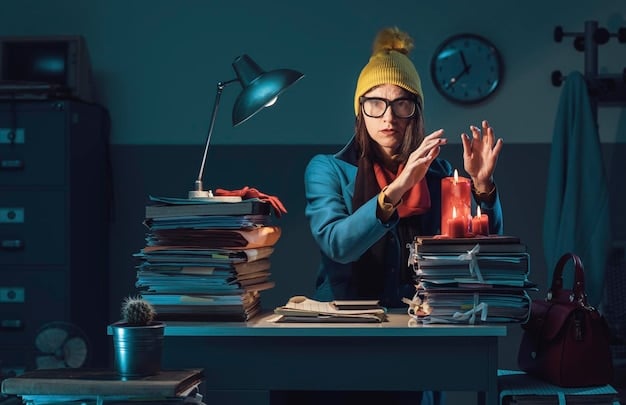 A person sitting at a desk cluttered with papers and files looking stressed, contrasted with a clear organized desk showing a person smiling and relaxed, both working on laptops. The scene should illustrate the before-and-after effects of hiring a virtual assistant.