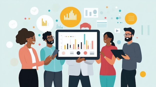 A diverse group of investors analyzing financial data on tablets and laptops, with charts and graphs displayed, showcasing their investment strategies.